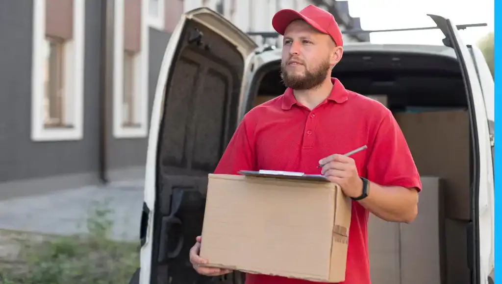 Kurye, konut paketi teslimatına hazırlanırken bir paket tutuyor.