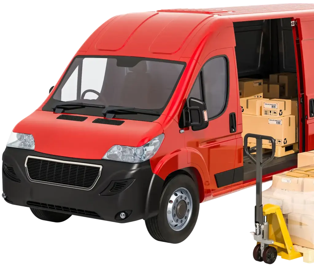 Hızlı lojistik ve taşıma hizmetleri için paketler ve kargo kutuları yüklü kırmızı teslimat minibüsü.
